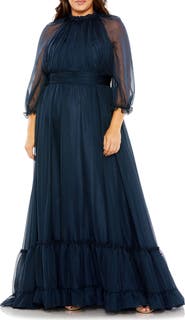 FABULOUSS BY MAC DUGGAL High-Neck Chiffon Dress with Puff Sleeves and Ruffle Tiered Skirt