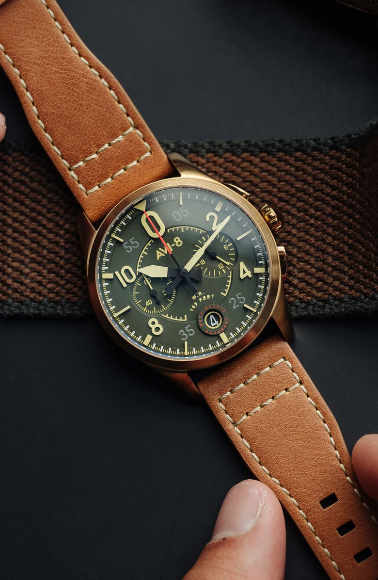 AVI-8 Spitfire Lock Green Dial Chronograph Leather Strap Watch, 42mm, Alternate, color, Green