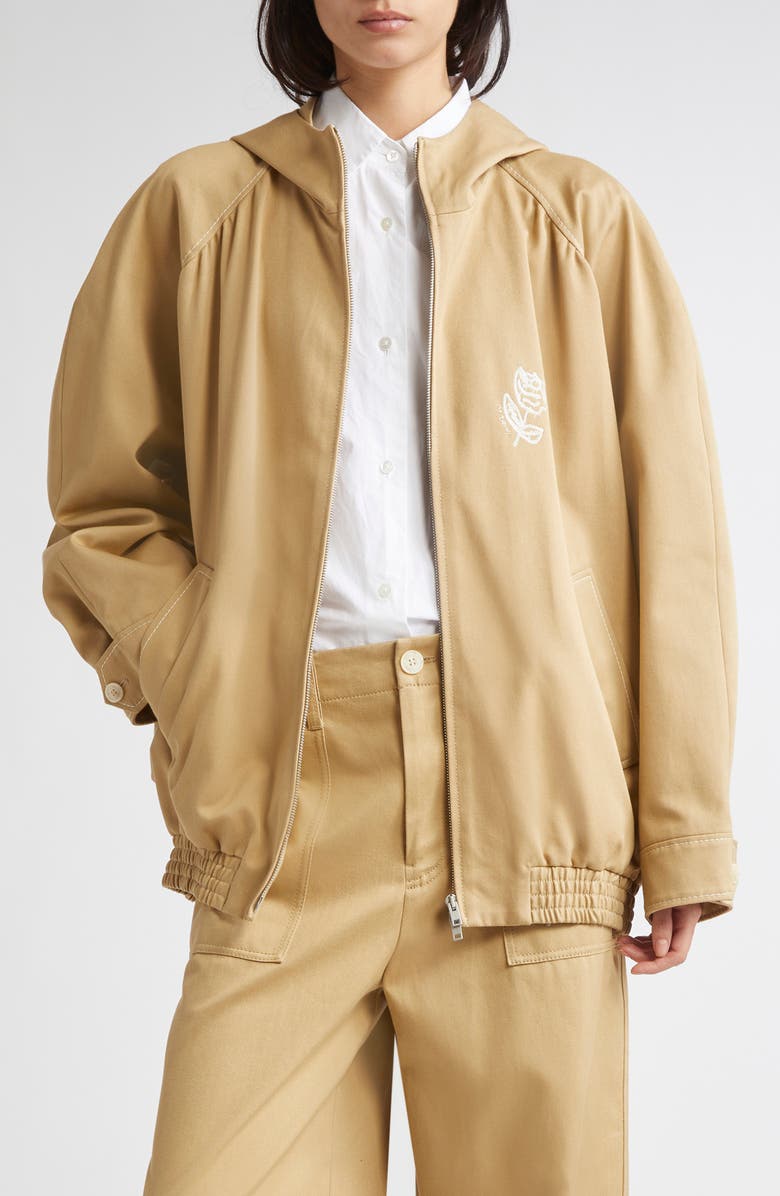 Marni Hooded Floral Embroidered Cotton Drill Bomber Jacket, Main, color, Cement