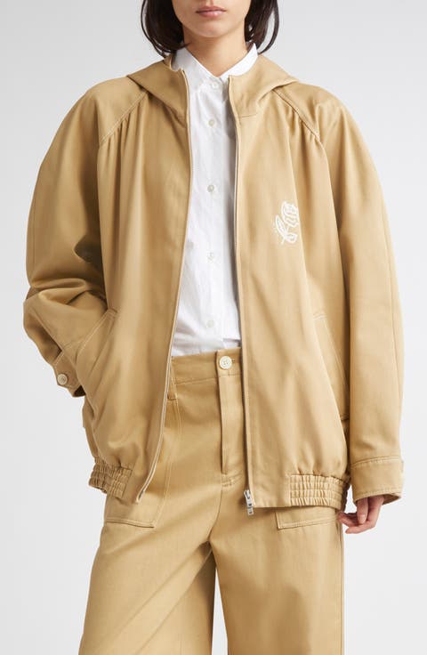 Hooded Floral Embroidered Cotton Drill Bomber Jacket