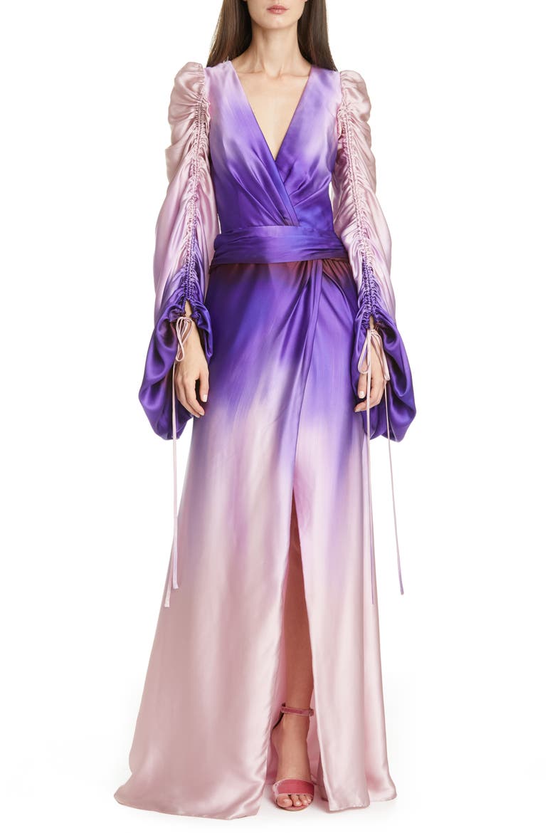 Everett Long Sleeve Ombré Charmeuse Gown, Main, color, PURPLE MULTI