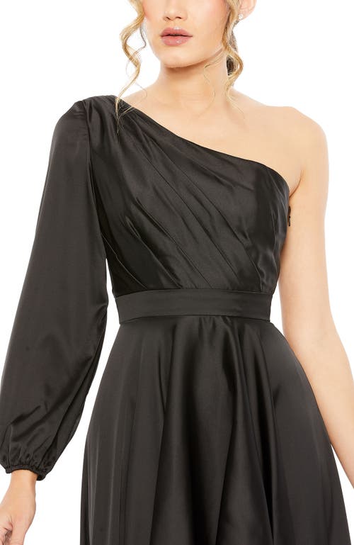 Mac Duggal High Low One Shoulder Flowy Gown In Black