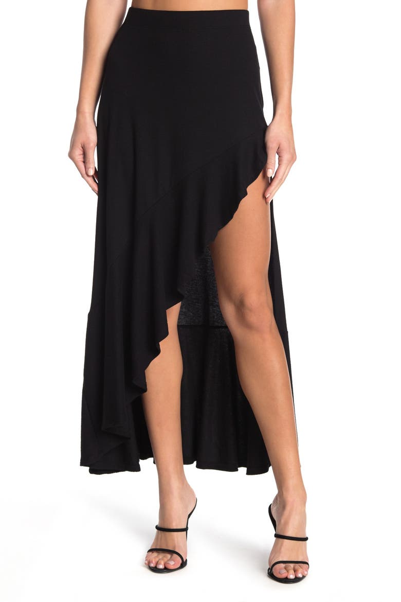 Ruffled Side High/Low Maxi Skirt, Alternate, color, BLACK