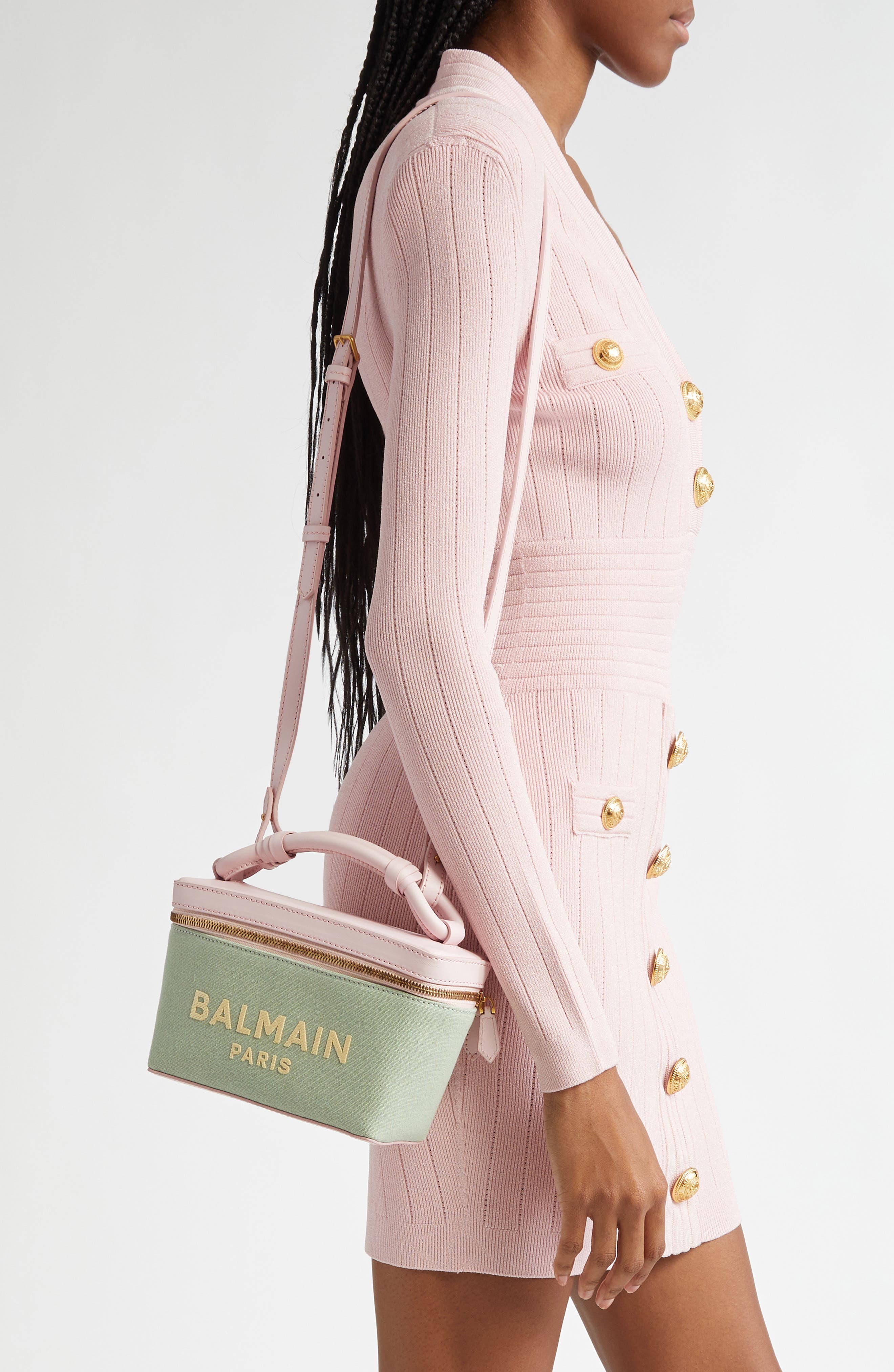 Balmain B-Army Logo Canvas & Leather Vanity Case Bag, Alternate, color, 