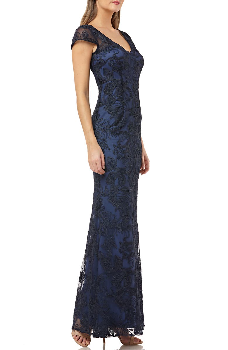 JS Collections Soutache Embroidered V-Neck Trumpet Gown, Alternate, color,