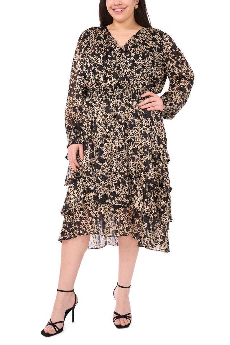 Metallic Floral Long Sleeve Midi Dress, Main, color, RICH BLACK