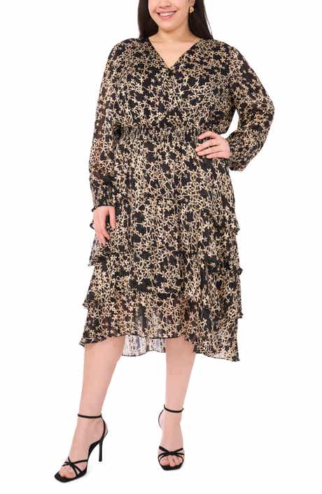 Vince Camuto Metallic Floral Long Sleeve Midi Dress