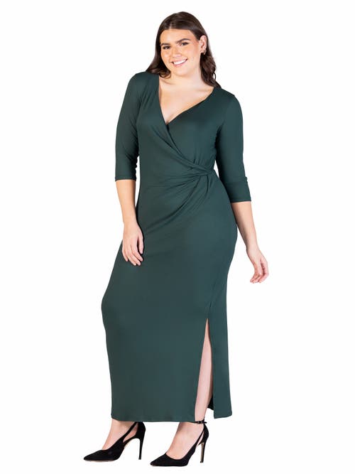 24seven Comfort Apparel Fitted V-neck Side Slit Maxi Dress In Green