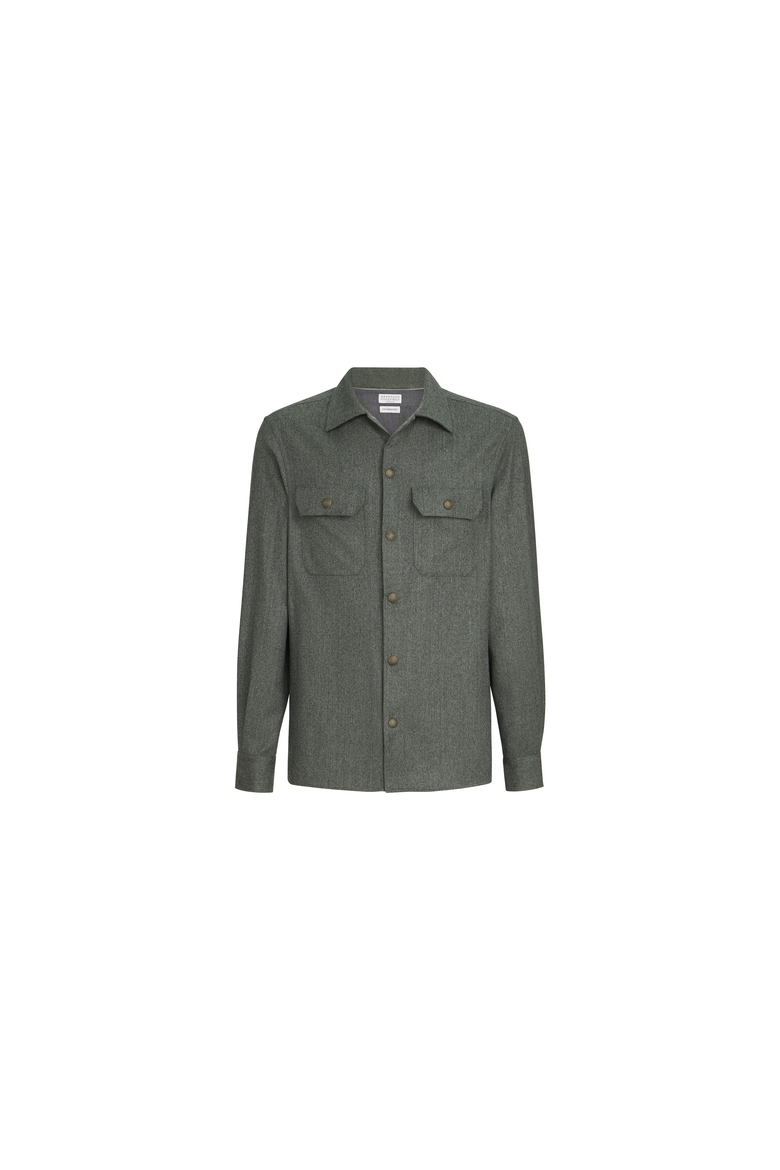 Virgin wool flannel overshirt with spread collar and chest pockets, Alternate, color, Forest Green