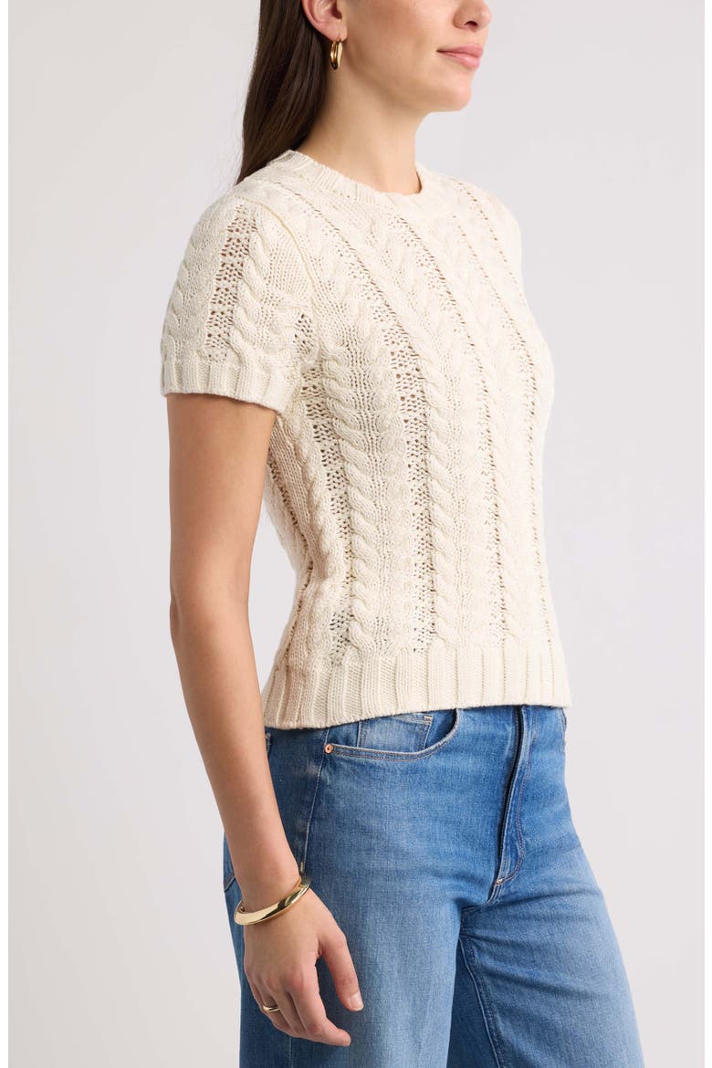 Cable Stitch Short Sleeve Cotton Sweater, Alternate, color, IVORY PRISTINE