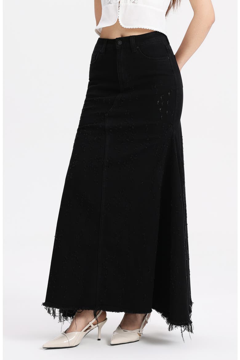 Fringe Denim Midi Skirt, Alternate, color, BLACK