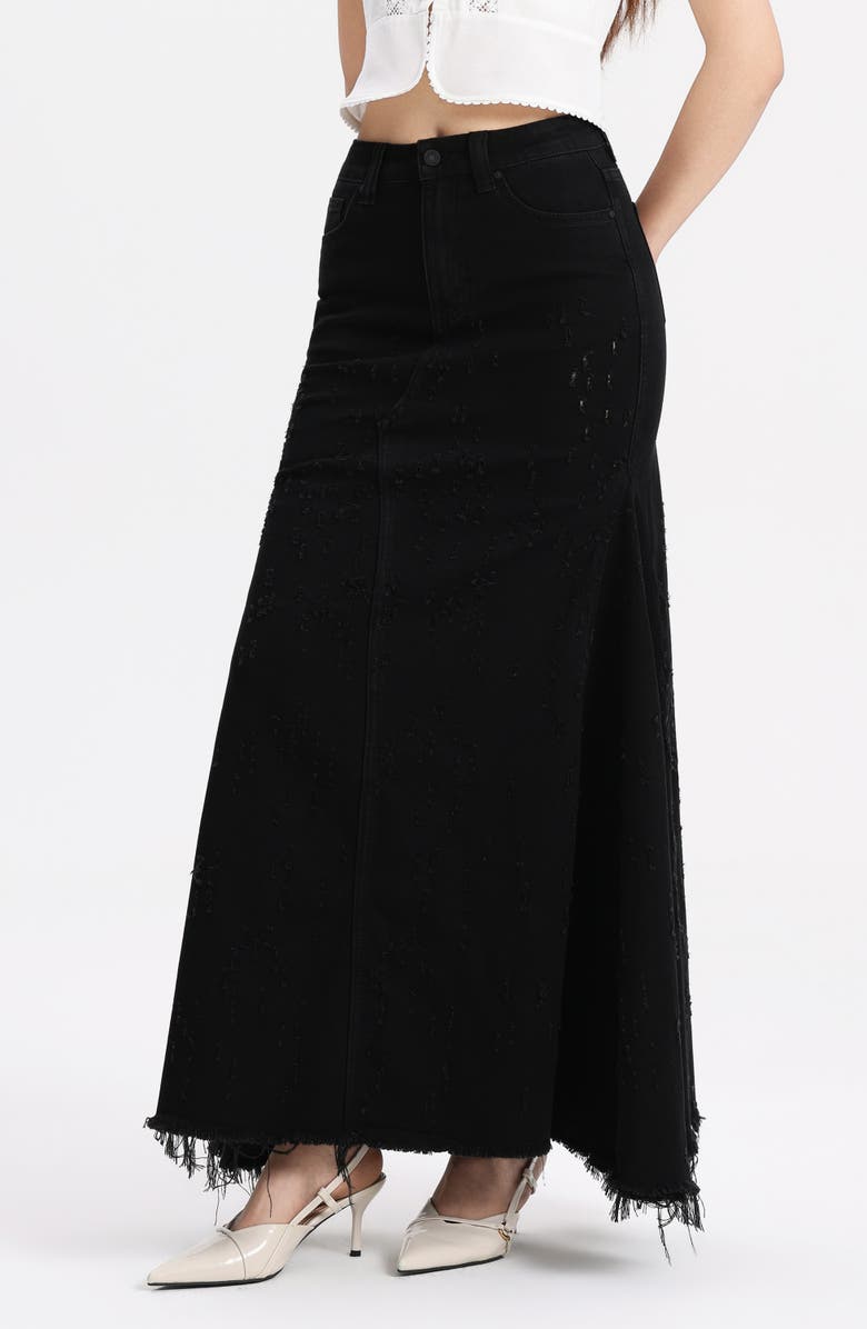 Bayeas Fringe Denim Midi Skirt, Alternate, color, Black