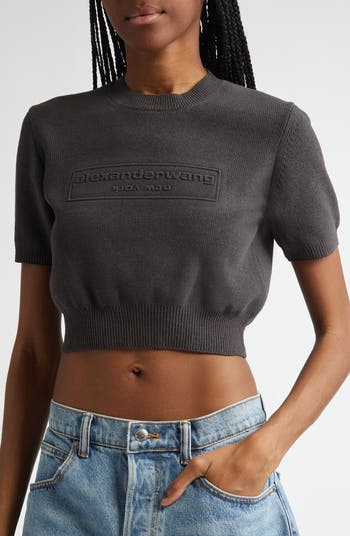 Alexander Wang Embossed Logo Short Sleeve Crop Sweater | Nordstrom 