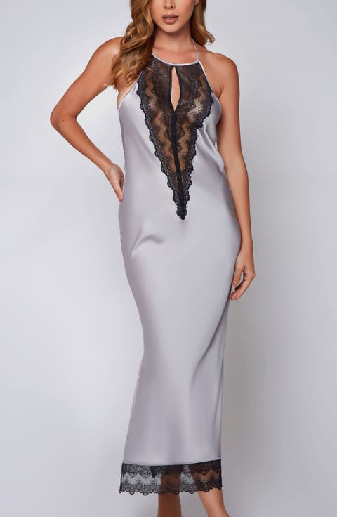 Lace Inset Satin Halter Nightgown
