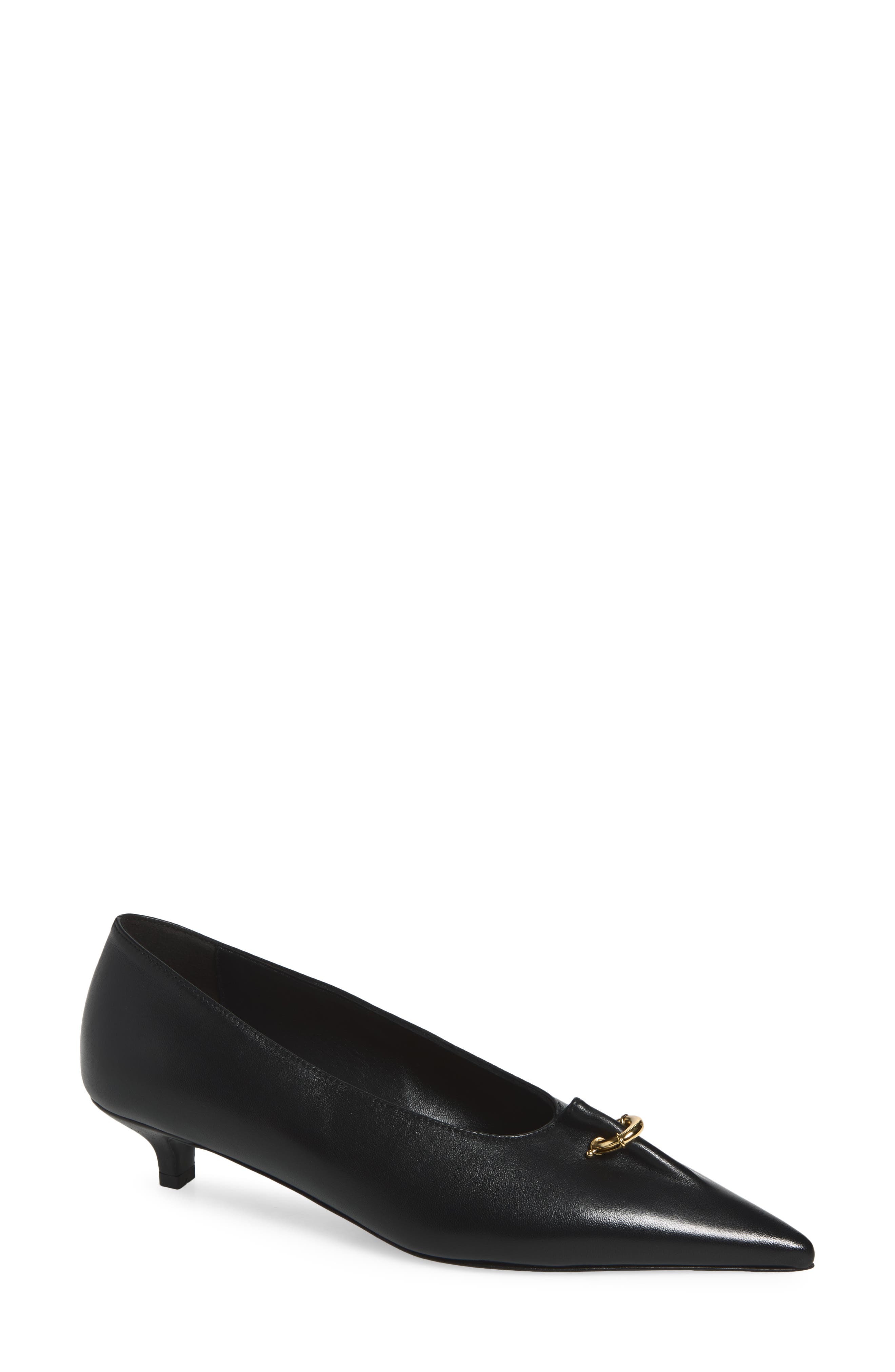 Pierced Pointed Toe Leather Pump, Main, color, BLACK