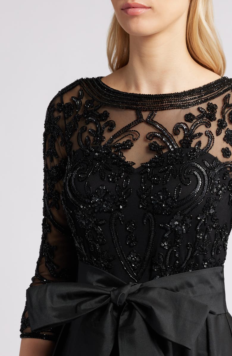 Pisarro Nights Beaded Illusion Neck Taffeta Cocktail Dress, Alternate, color, Black