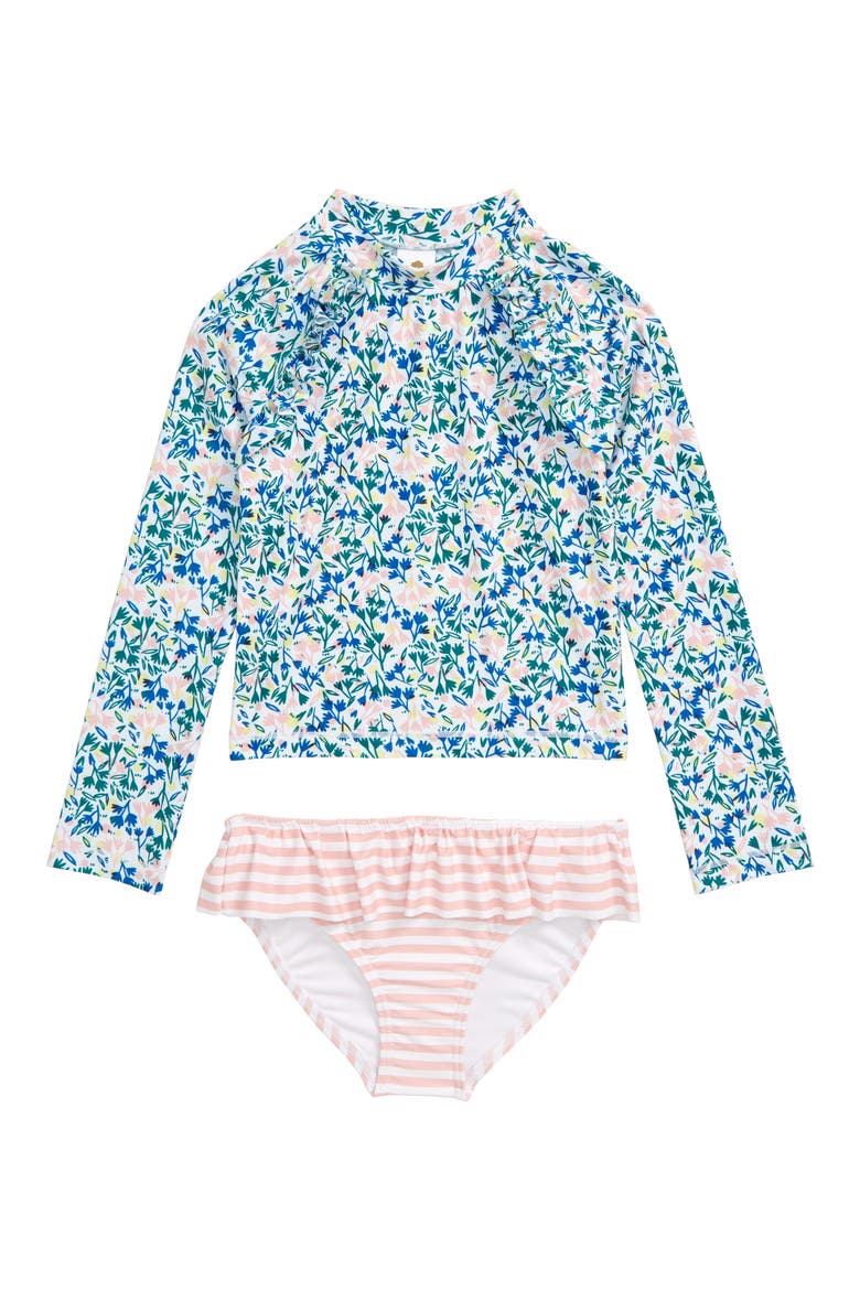 Graphic Ruffle Two-Piece Rashguard Swimsuit, Main, color, WHITE PLAYFUL SPRIGS