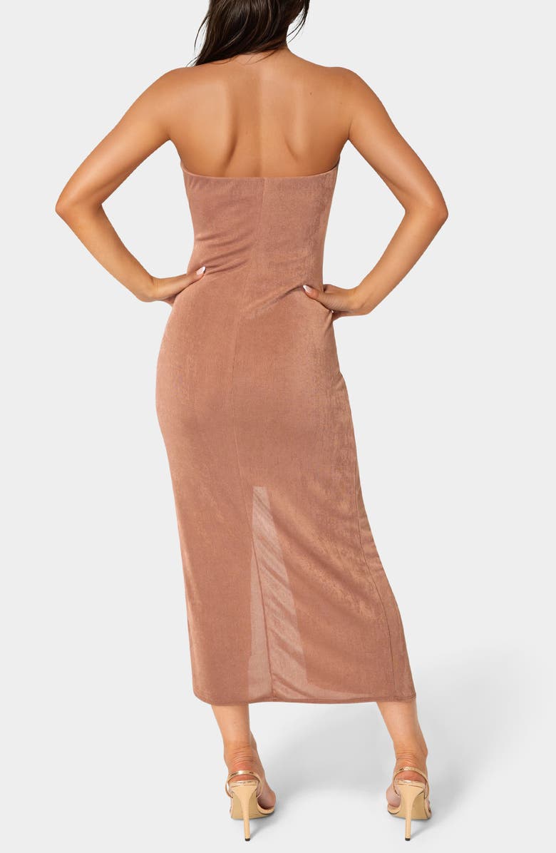 bebe Strapless Twist Midi Dress, Alternate, color, Mocha
