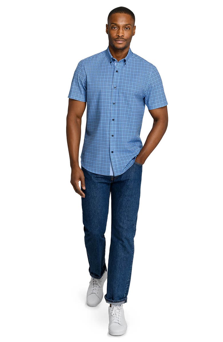 CONSTRUCT Slim Fit Houndstooth Plaid Woven Short Sleeve Basic Shirt, Alternate, color, Light Blue/Navy