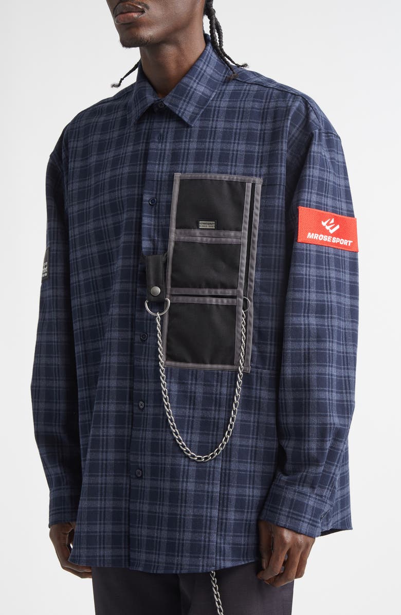 Martine Rose Wallet Chain Plaid Flannel Button-Up Shirt, Alternate, color, Blue