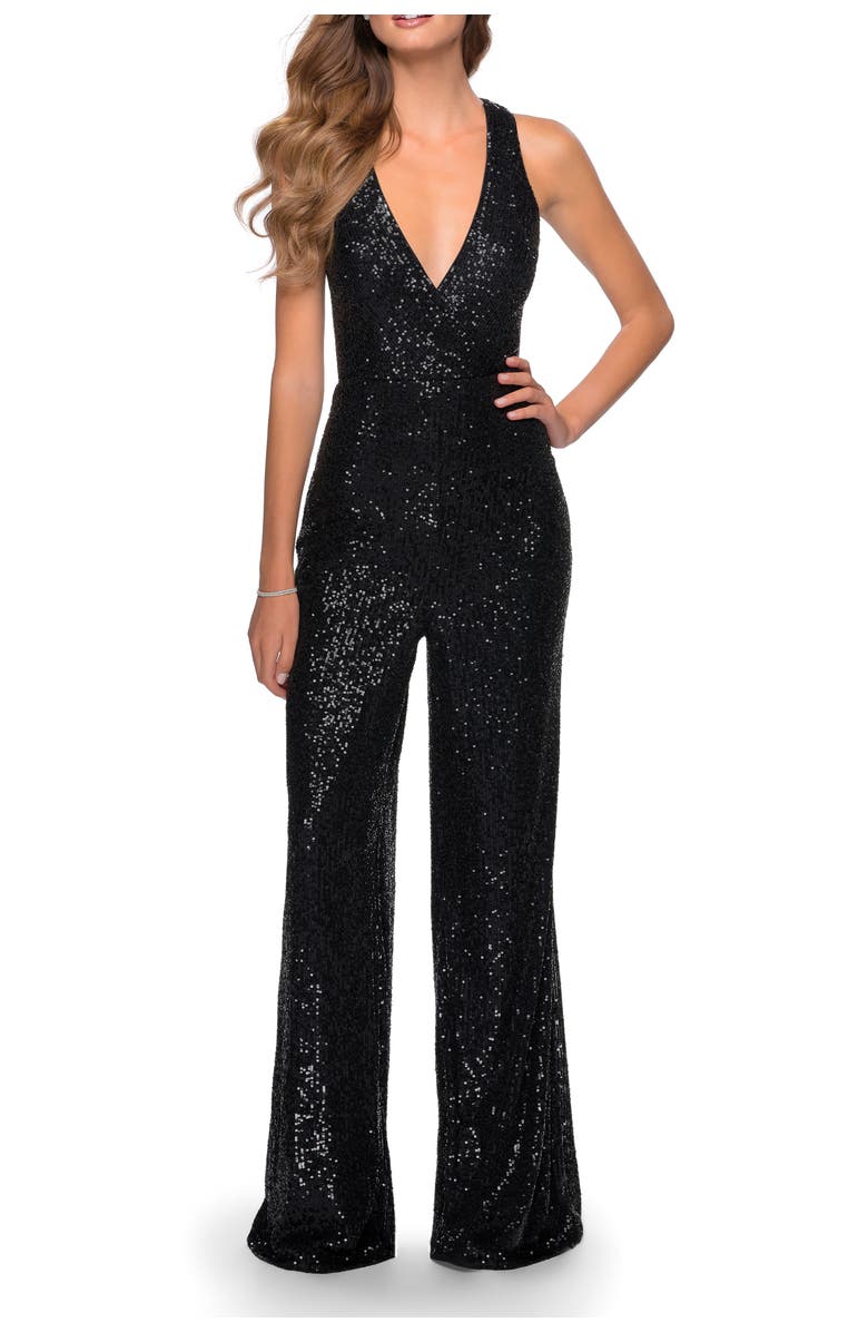 La Femme Long Sequin Jumpsuit with Criss Cross Back, Main, color, Black