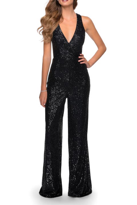 Long Sequin Jumpsuit with Criss Cross Back