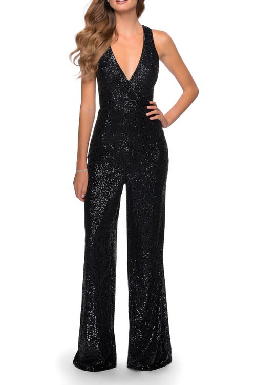 La Femme Long Sequin Jumpsuit With Criss Cross Back