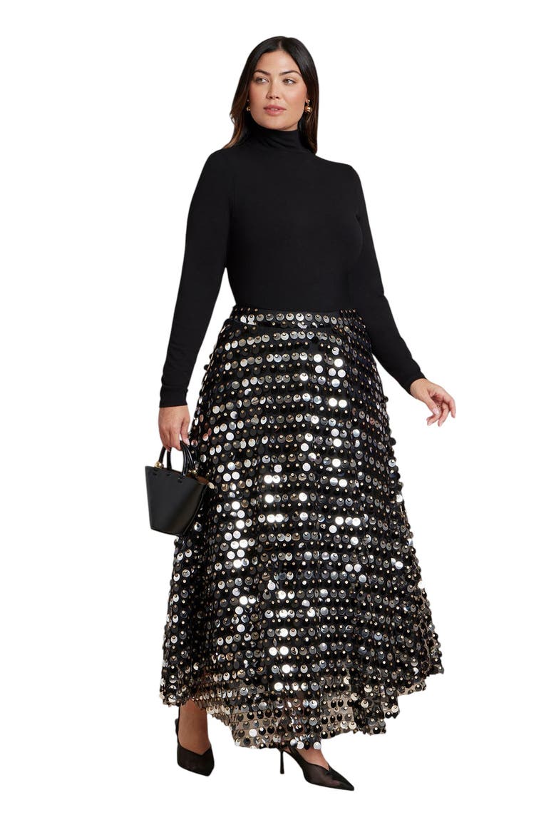 Sequin Paillette Full Skirt (plus), Alternate, color, BLACK AND GOLD
