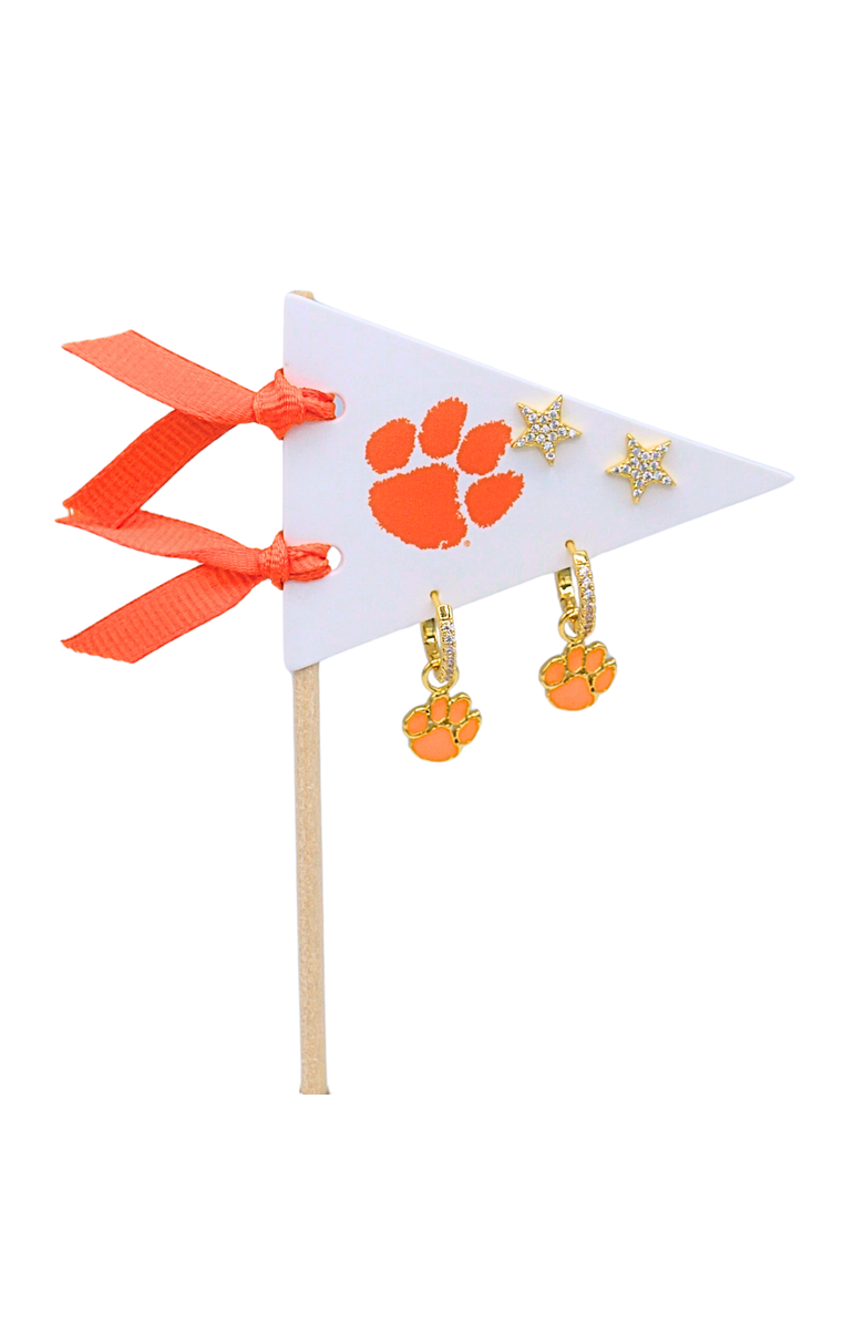 Color Shout Clemson University Pennant Pair Earring Set, Main, color, Yellow Gold