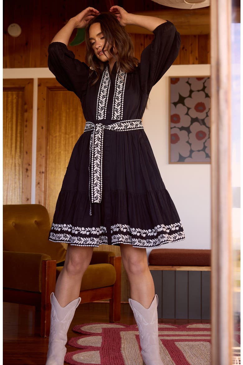 Cala Embroidered Tie Waist Cotton Dress, Alternate, color, BLACK W OFF WHITE