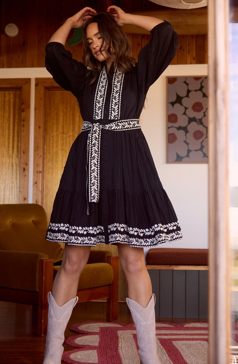 Talisman the Label Cala Embroidered Tie Waist Cotton Dress, Alternate, color, Black W Off White