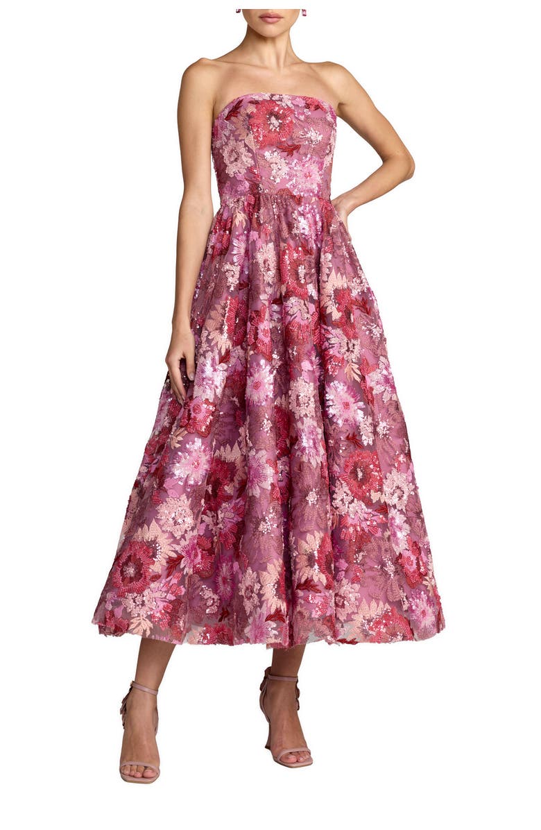 Mac Duggal Sequin Mesh Strapless Midi Dress With Pockets, Main, color, Pink Multi