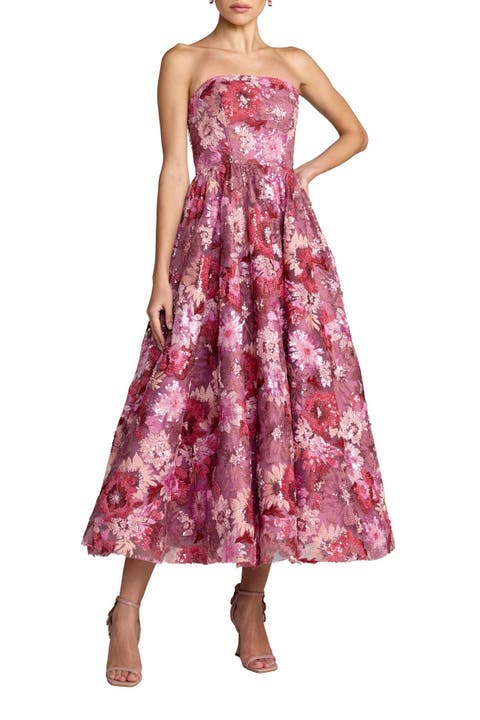 Sequin Mesh Strapless Midi Dress With Pockets