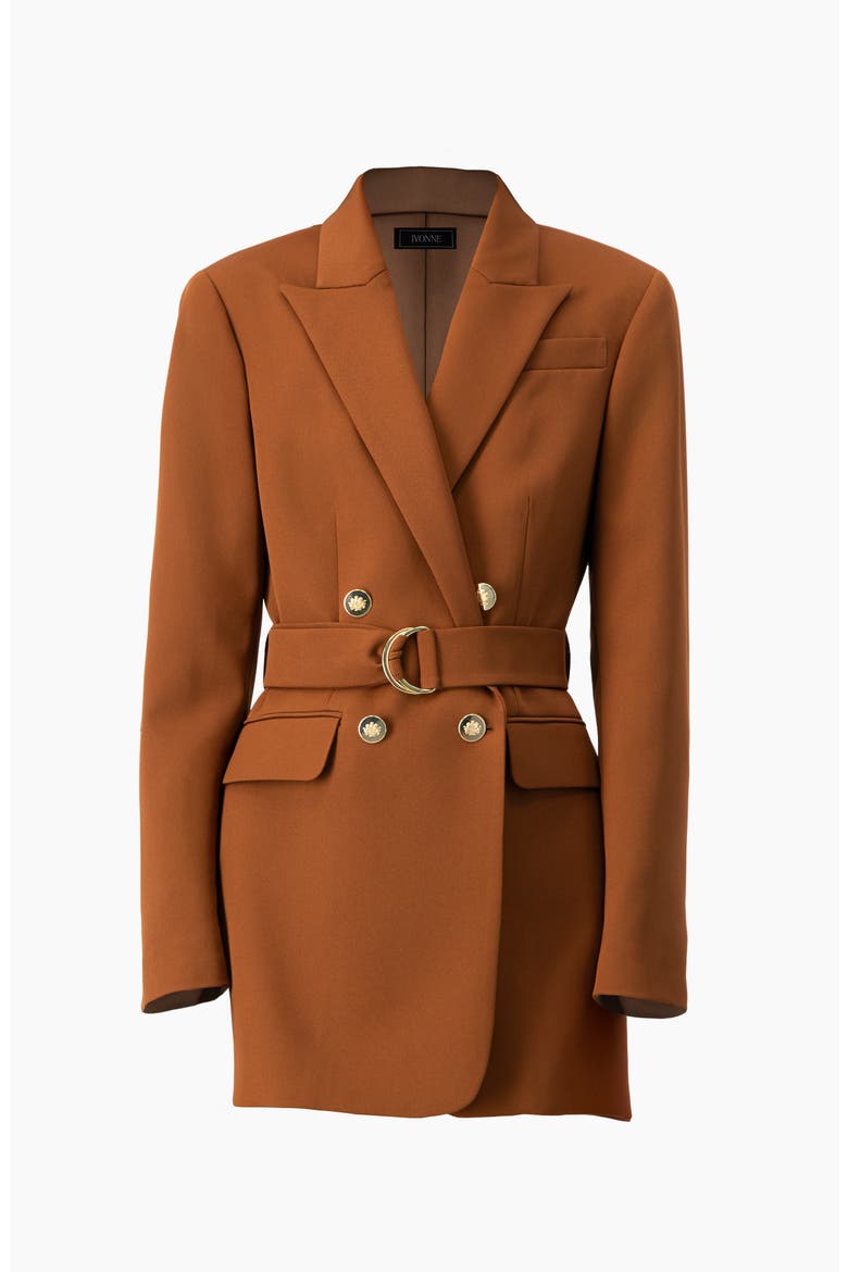 Double-Breasted Wrap Blazer with Waist Tie, Alternate, color, Brown