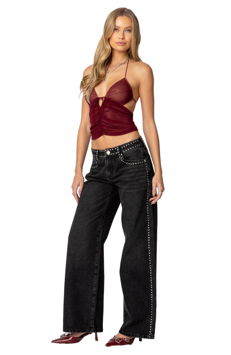 EDIKTED Strappy Ruched Mesh Camisole, Alternate, color, Burgundy