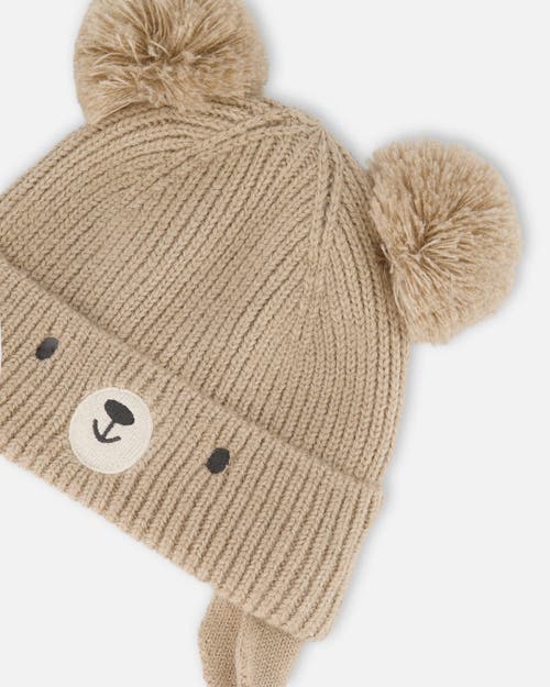 Deux Par Deux Gender Inclusive Lined Knit Hat With Pompoms In Brown
