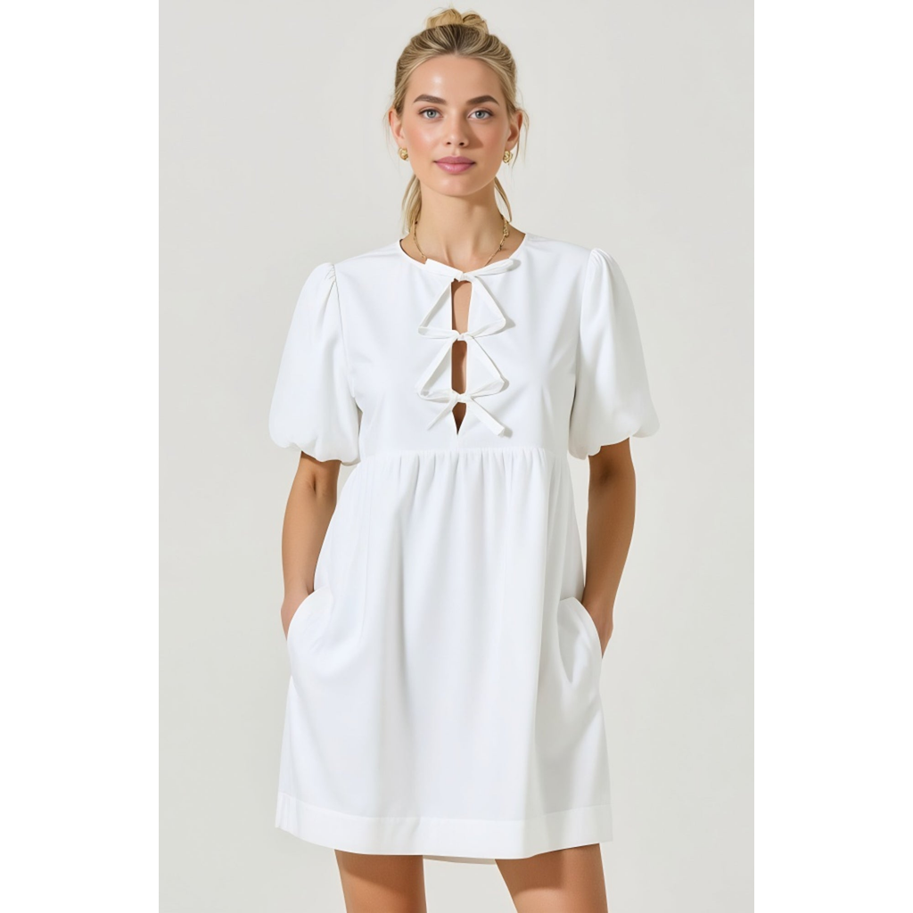 Modenaire Puff Sleeve Mini Dress With Keyhole Front And Bow Tie Detail In White