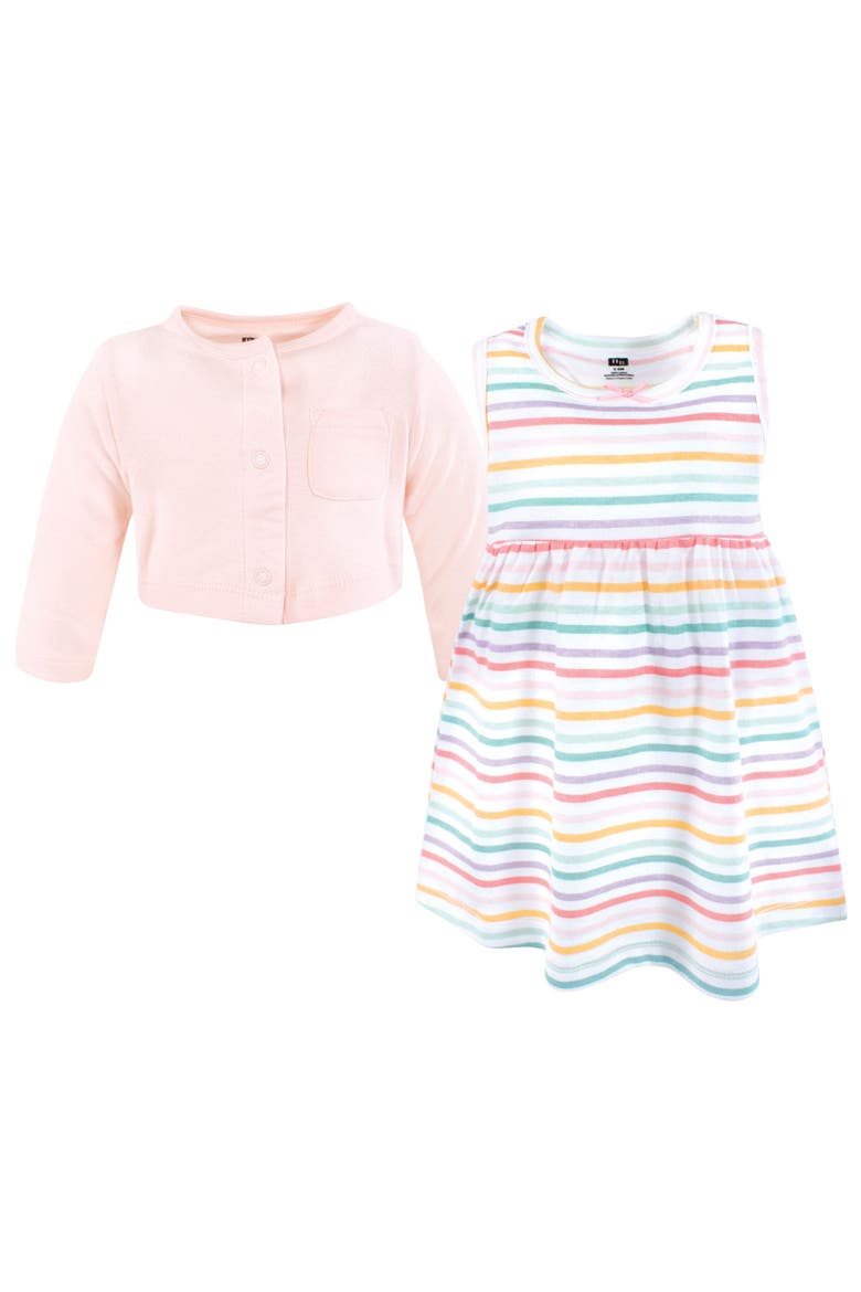Two-Piece Cotton Dress and Knit Cardigan Set, Alternate, color, Happy Stripe