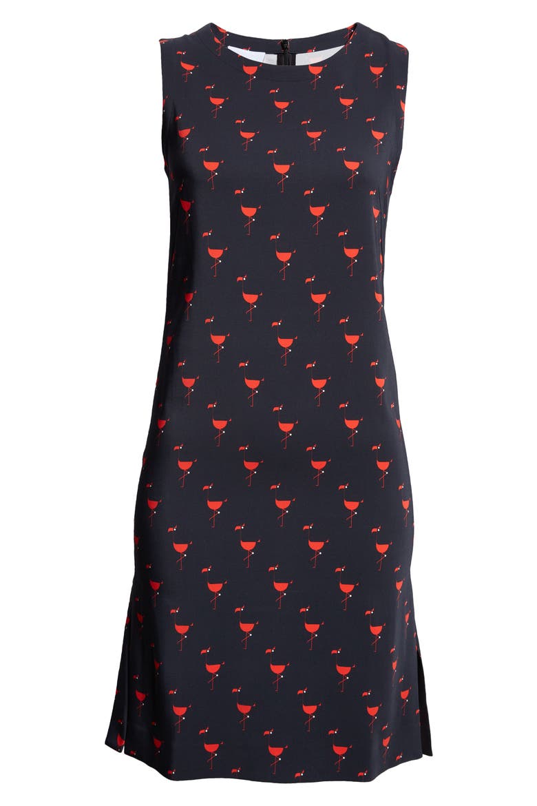 Flamingo Print Sleeveless Crepe Shift Dress, Alternate, color, BLACK AND RED