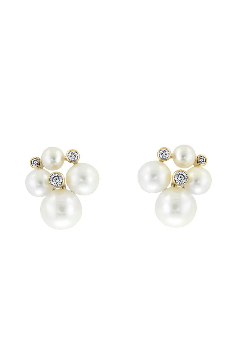 14K Yellow Gold Diamond Fresh Water Pearl Cluster Earrings, Main, color, 14K Gold