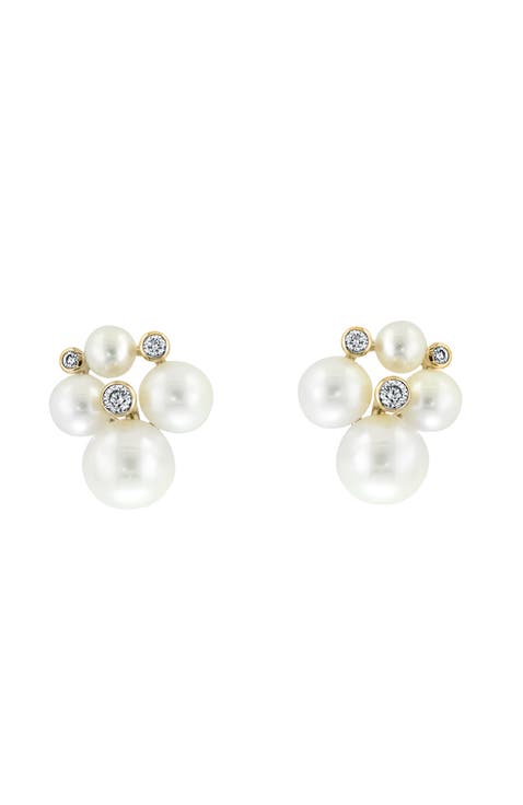 14K Yellow Gold Diamond Fresh Water Pearl Cluster Earrings