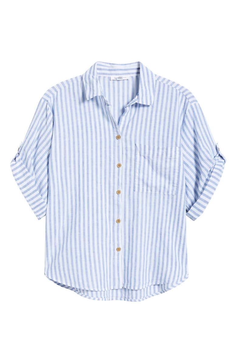 beachlunchlounge Mason Short Sleeve Stripe Button-Up Shirt, Main, color, Misty Lines