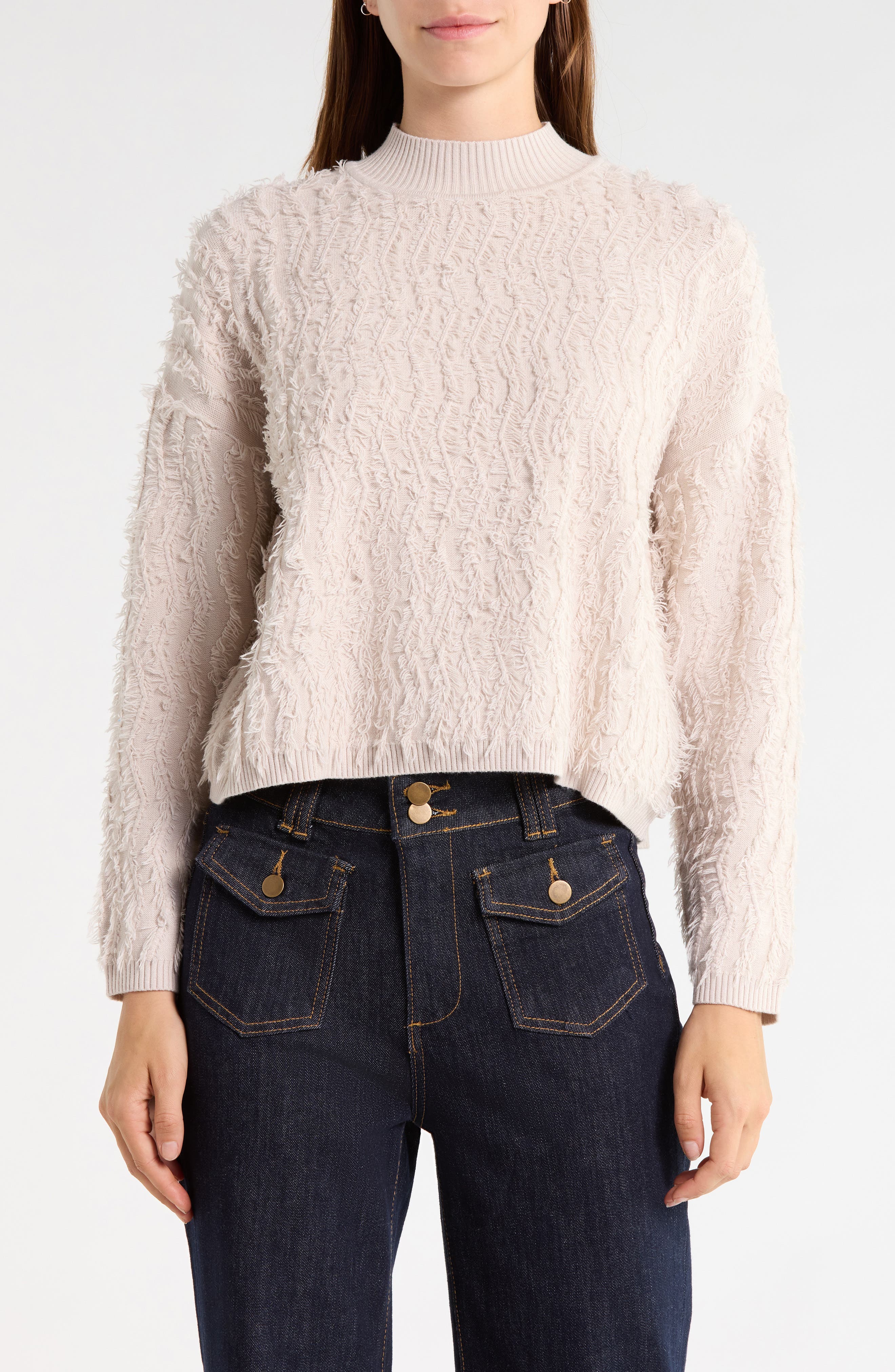 Fringe Mock Neck Crop Sweater