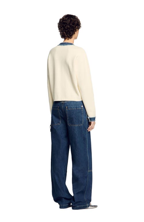 Sandro Cardigan With Denim Details In Ecru
