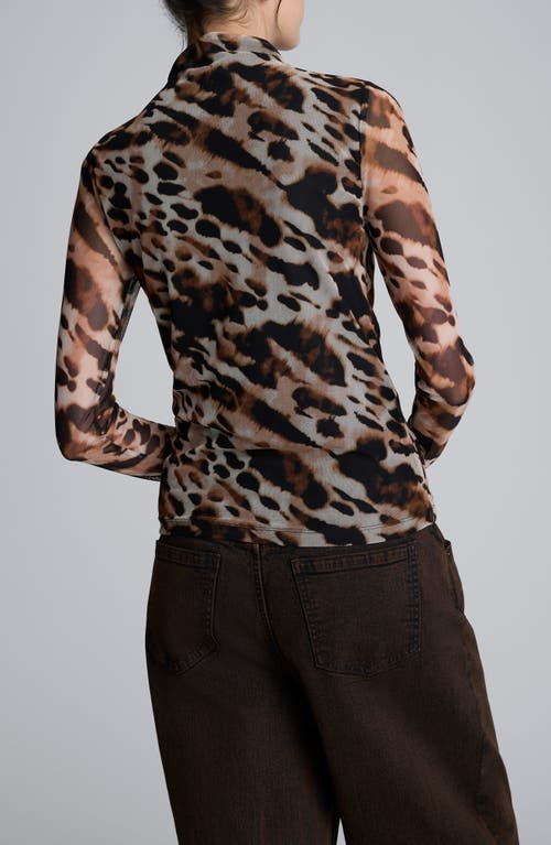 Kenneth Cole Long Sleeve Animal Printed Center Front Turtleneck Knit Ruched Top In Brown