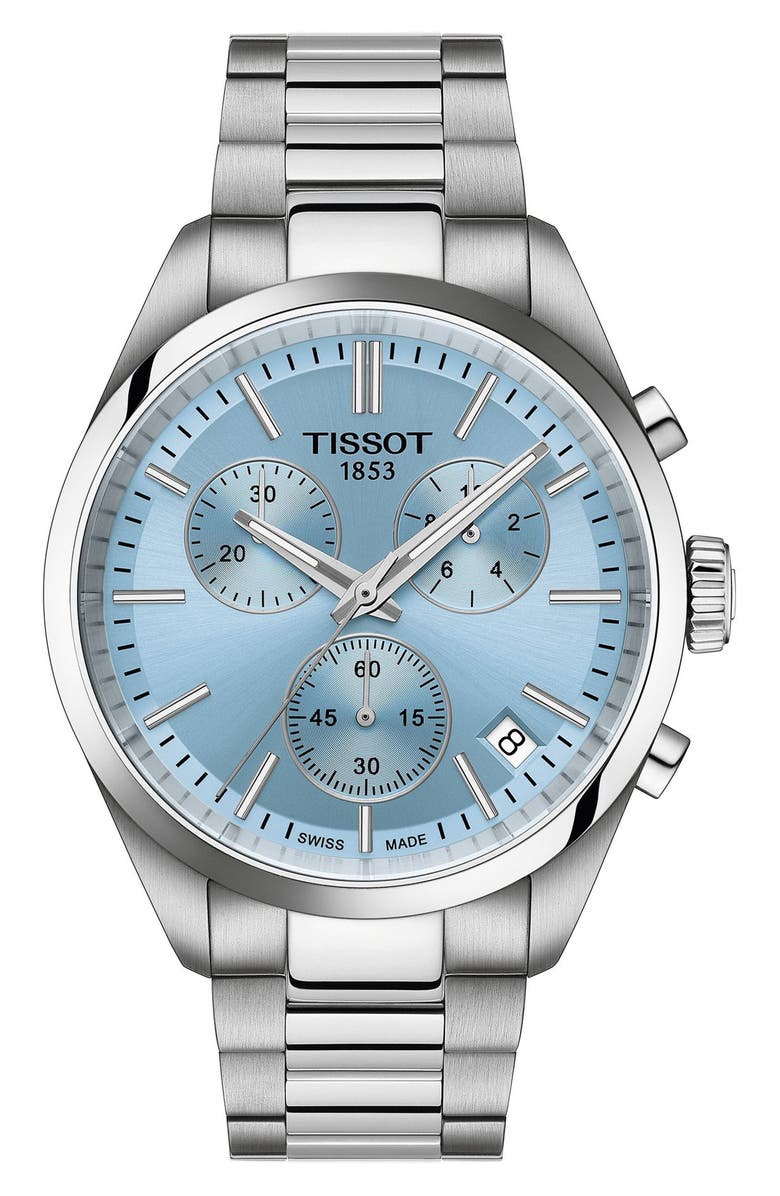 Tissot PR100 Chronograph Bracelet Watch, 40mm, Main, color, Ice Blue/ Silver
