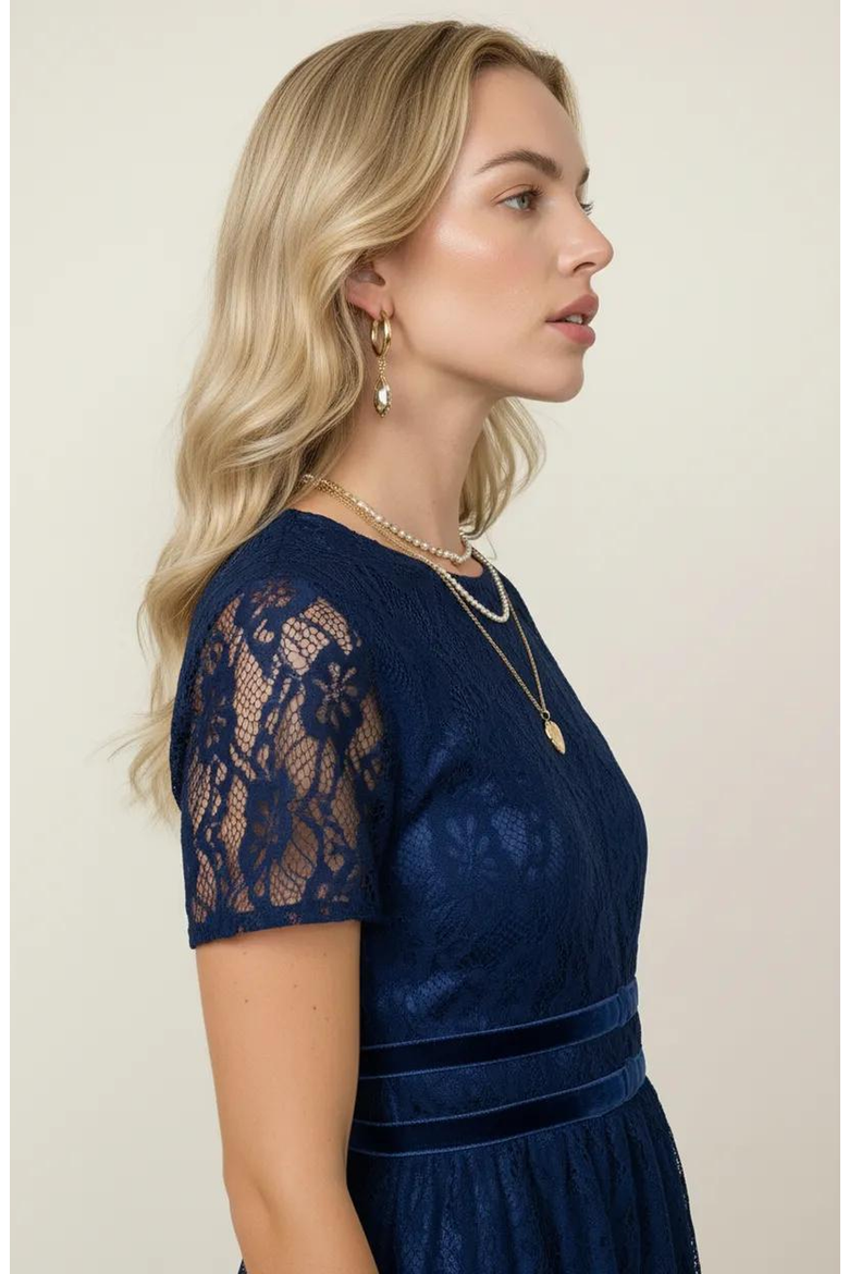 Lace Midi Dress with Sheer Short Sleeves and Velvet Waistband Detail, Alternate, color, Navy