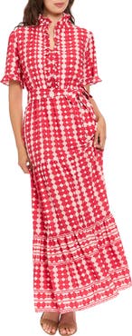 London Times Ruffle Neck Tiered Maxi Dress