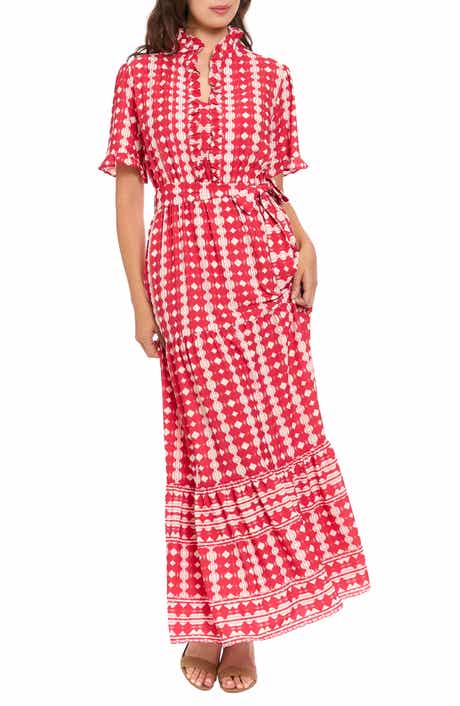 London Times Ruffle Neck Tiered Maxi Dress