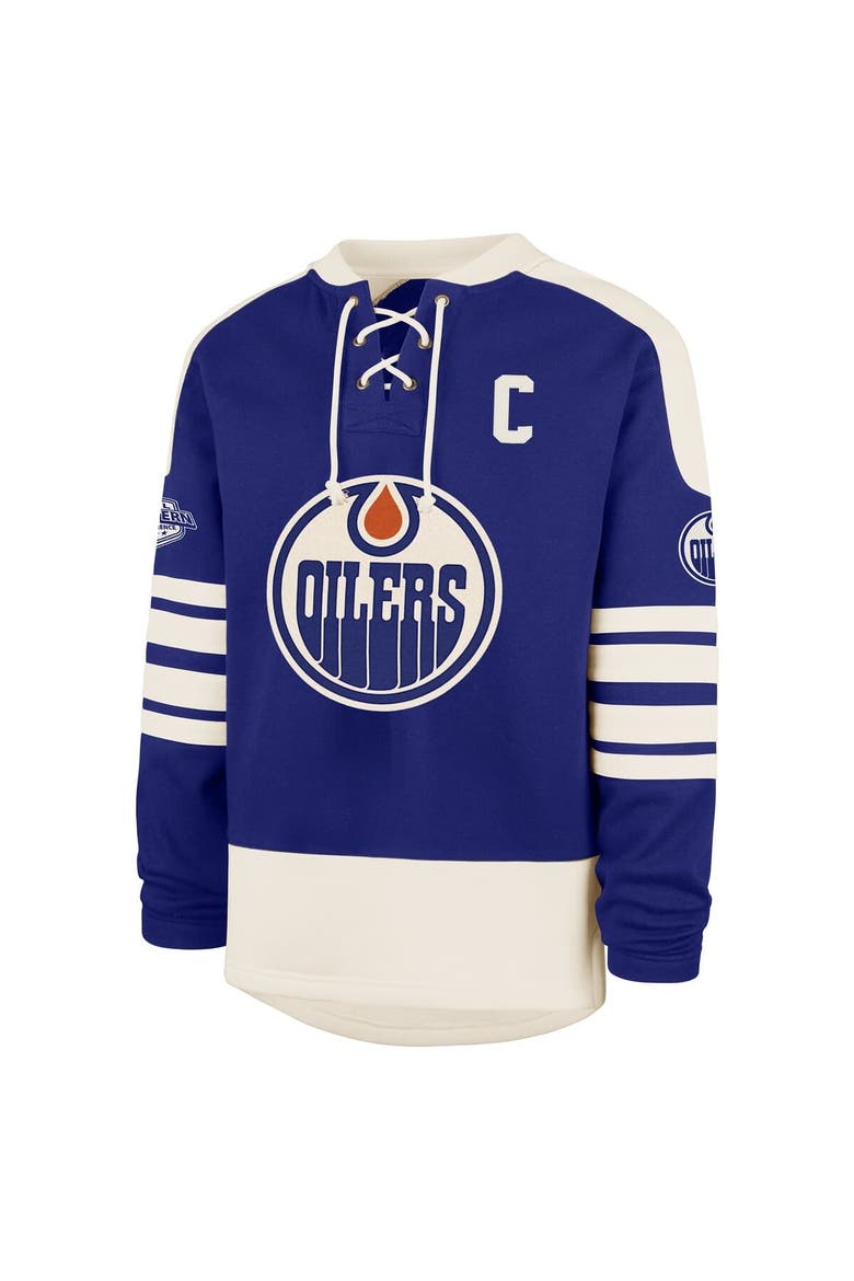 Men's '47 Connor McDavid Royal Edmonton Oilers Player Name & Number Sweep Check Eternal Lacer Sweatshirt, Alternate, color, Royal